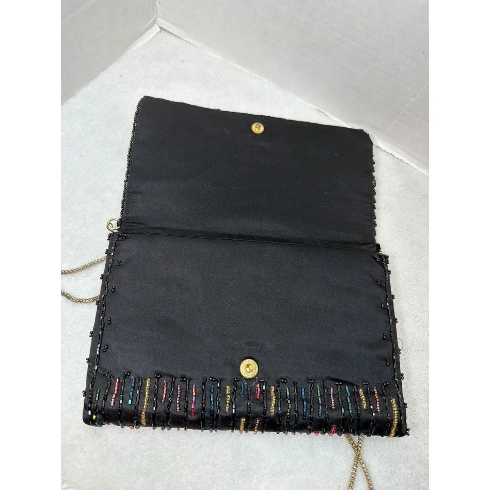 VTG 80s La Regale Beaded Evening Clutch Womens Small Black Multi Color Satin Bag